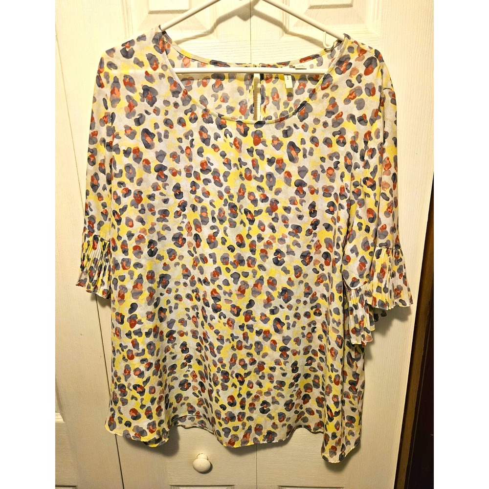 Cato Leopard Print Blouse Womens Pleated Ruffle Sleeve Top 3/4 Sleeve